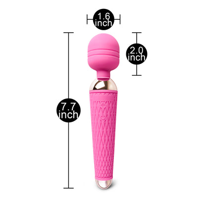 Pink magic wand vibrator with measurements.