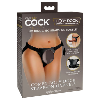 King Cock Body Dock Strap-On Harness box; comfortable, padded, works with suction cups. Versatile pleasure awaits!