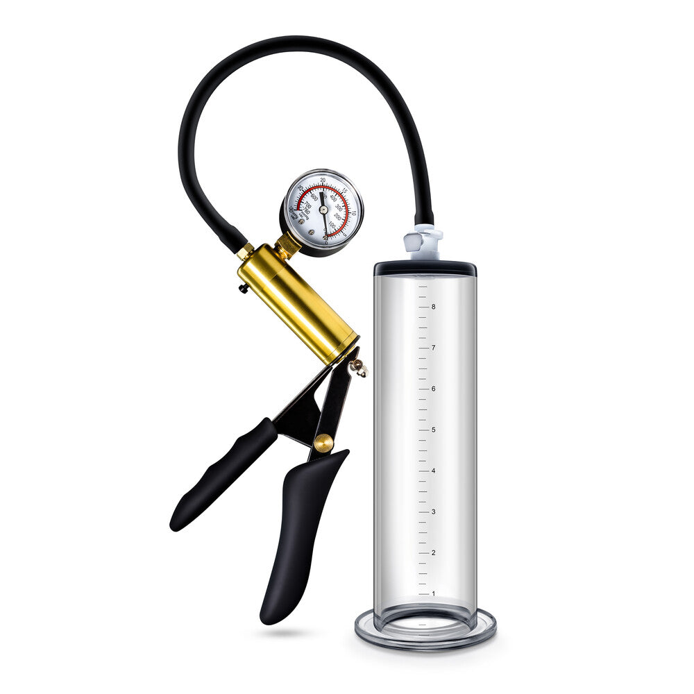 Blush Novelties Performance VX6 vacuum penis pump. Gold cylinder, clear tube with measurements.