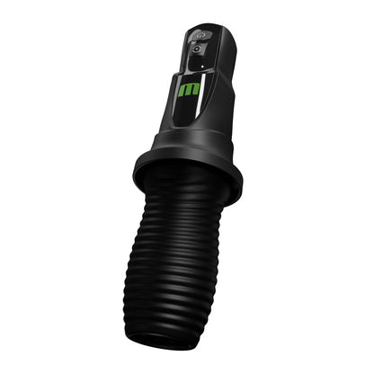 Black ribbed male masturbator with a control panel.
