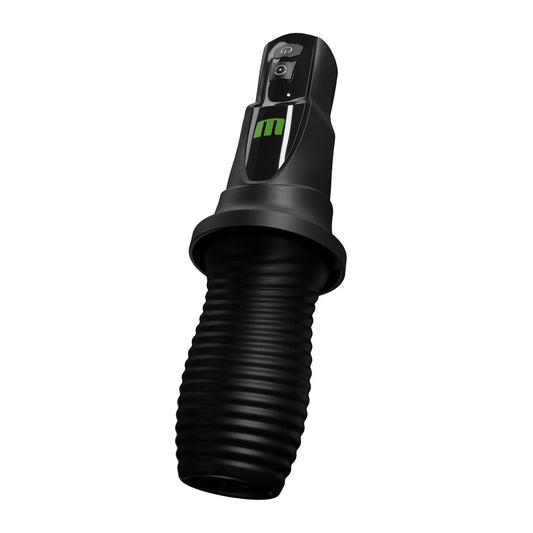 Black ribbed male masturbator with a control panel.
