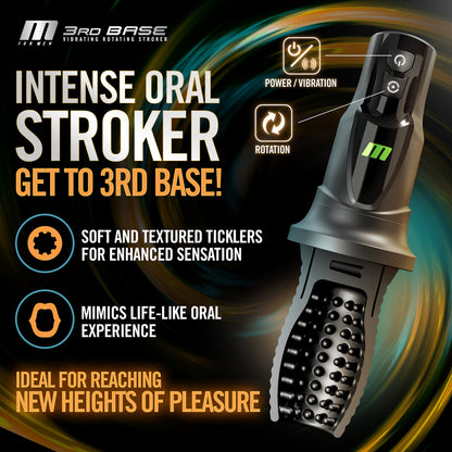 3rd Base Oral Stroker: textured for maximum sensation. Reach new heights of pleasure. Rotating, vibrating male masturbator.