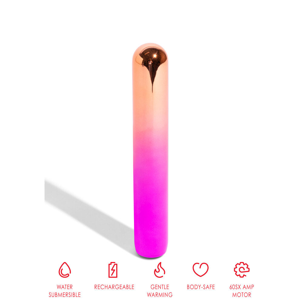 Nu Sensuelle Rumba: A rechargeable, body-safe warming vibe. Copper and pink.