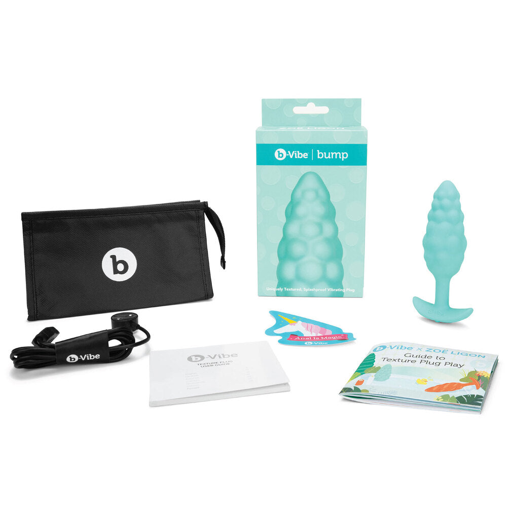 Teal delight! A B-Vibe Bump plug and packaging hint at textured pleasures and sensual exploration. Ready for intimate play.
