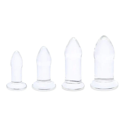 Four clear glass dilators, graduated in size, promise sensual exploration and gentle expansion.

