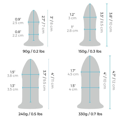 Dimensions guide for bVibe's silky smooth anal dilator set. Sizes range from gentle to adventurous!