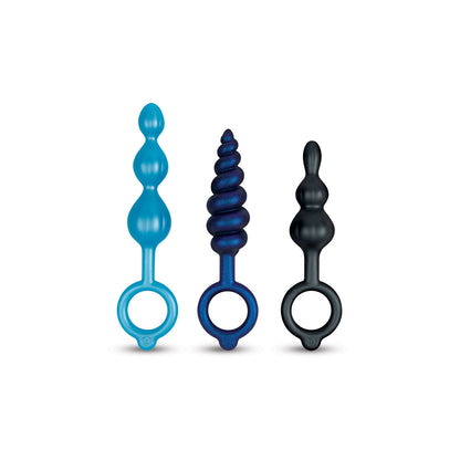 B-Vibe Beaded Butties Bundle: Blue, blue swirl and black anal beads