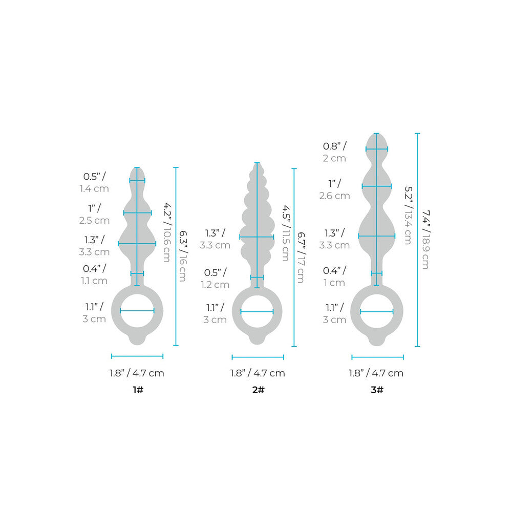 Dimensions of three B-Vibe beaded anal plugs, with measurements in inches and centimetres.