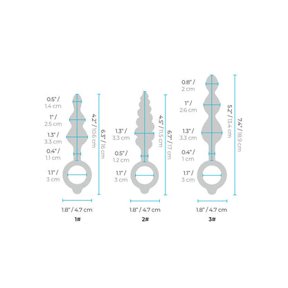 Dimensions of three B-Vibe beaded anal plugs, with measurements in inches and centimetres.