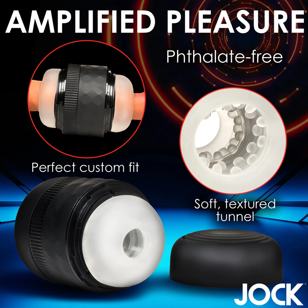 Jock Amplified Pleasure Masturbator with textured tunnel and adjustable fit.