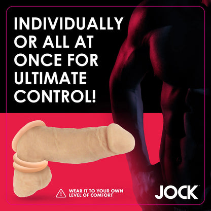 Jock cock ring set for ultimate control with comfort warning.