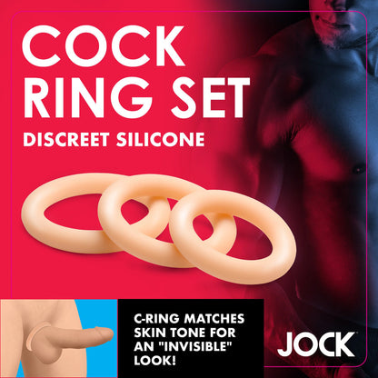 Jock discreet silicone cock ring set. Skin tone-matching for an "invisible" look. Enhance your pleasure, safely.