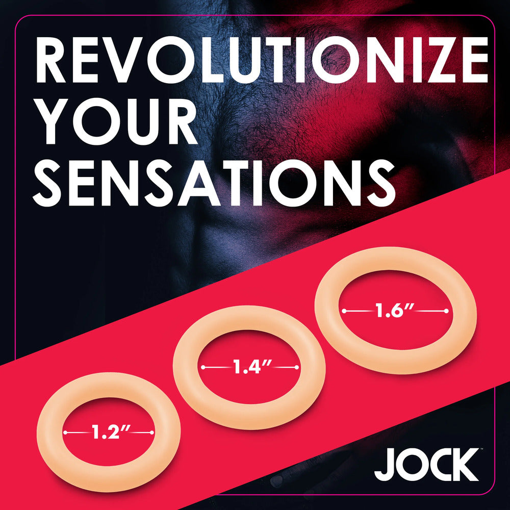 Jock silicone cock rings in varying sizes for enhanced sensation.