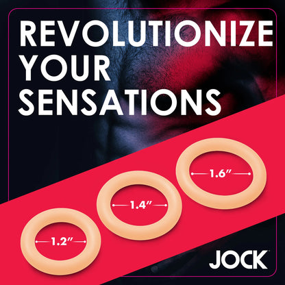 Jock silicone cock rings in varying sizes for enhanced sensation.
