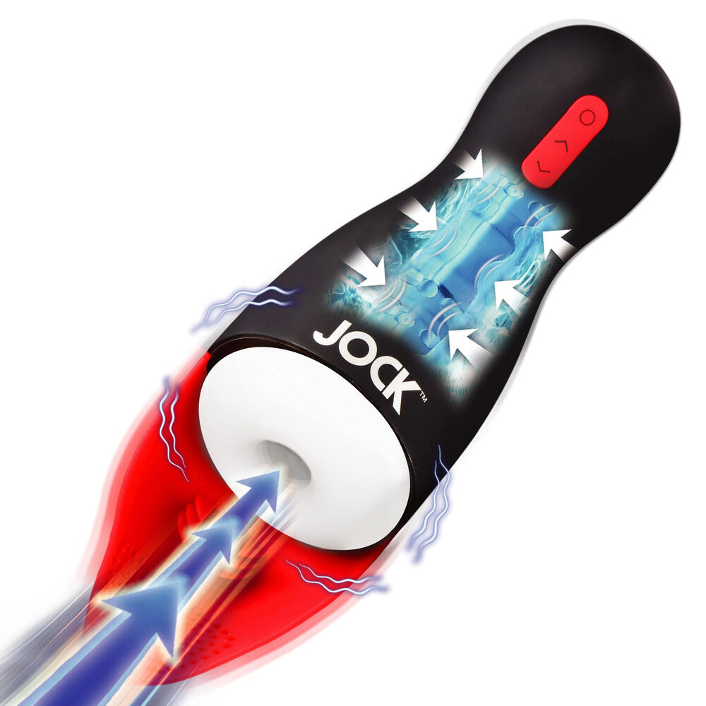 Jock stroker with vibrating feature and textured interior for pleasure.
