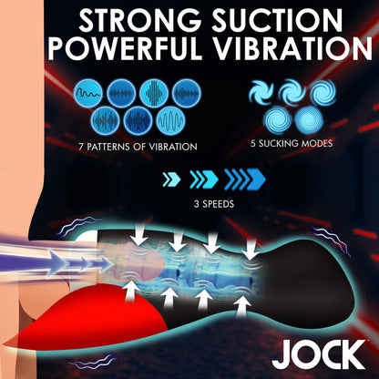 Diagram showing a Jock vibrating masturbator, highlighting speeds, suction modes, and vibration patterns.