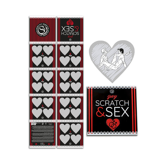 Gay scratch-and-reveal sex game set, featuring daily prompts and a suggestive heart-shaped illustration.