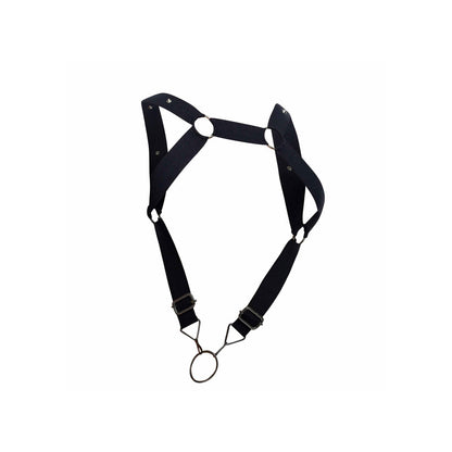 Black elastic strappy chest harness and cockring