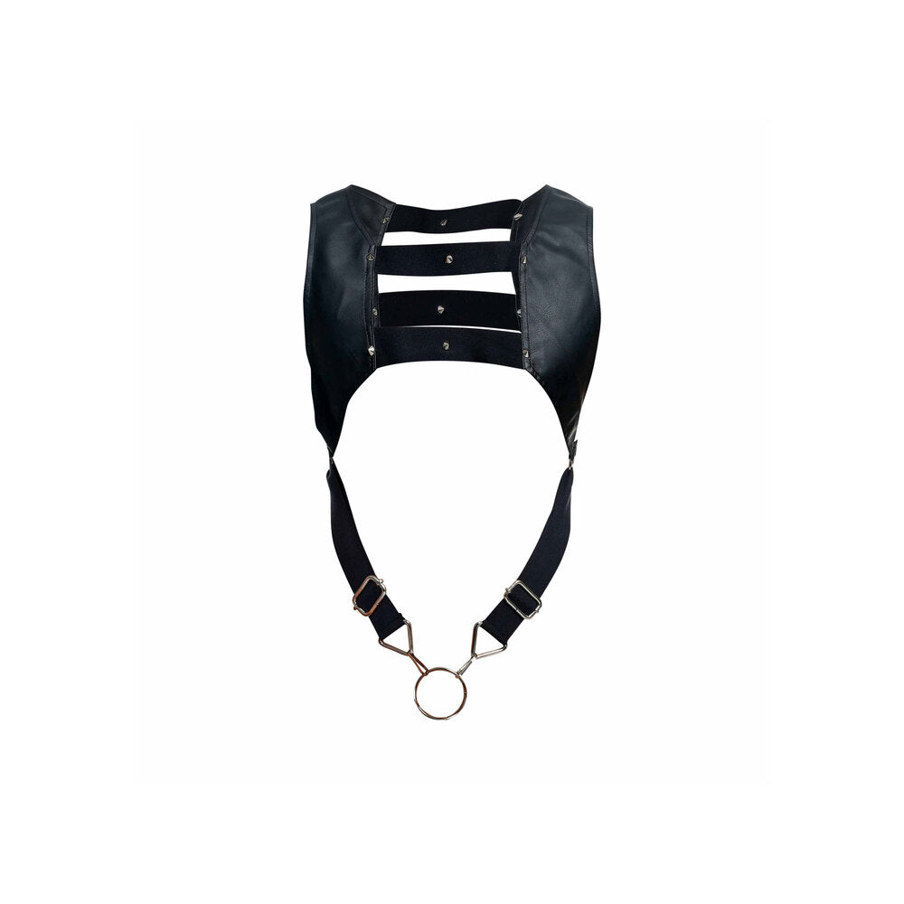 Leather look chest harness with a ring detail.
