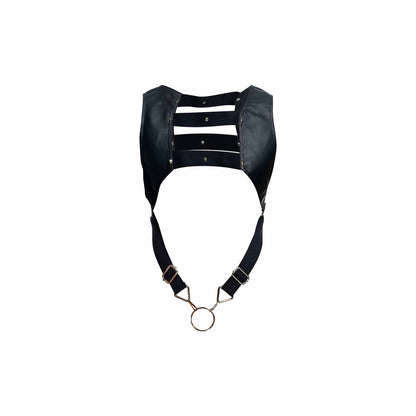 Leather look chest harness with a ring detail.