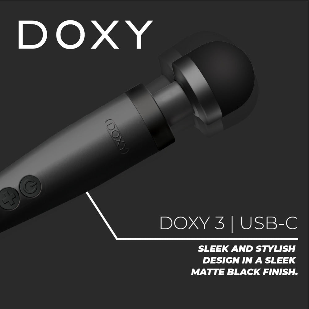 Doxy Wand 3, sleek matte black USB powered massager. Pleasure awaits.
