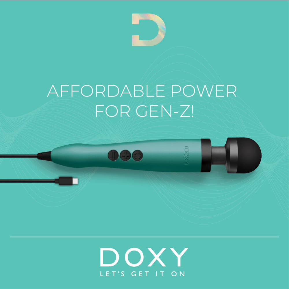 Turquoise Doxy Wand Massager with USB charging cable.