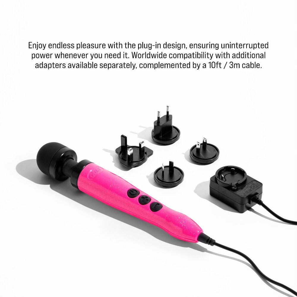 Hot pink Doxy wand massager with power adapters.