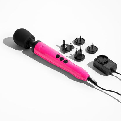Doxy Die Cast Wand Massager in hot pink, with UK plug adaptors.