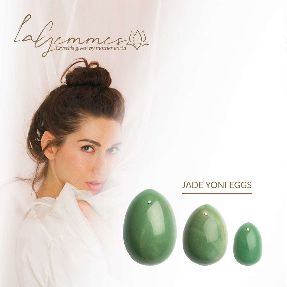 La Gemmes Jade Yoni Eggs with confident woman for pelvic floor exercise