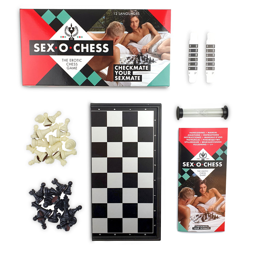 Erotic Chess Game, pieces, board, temperature strips, and hourglass. Adult fun.