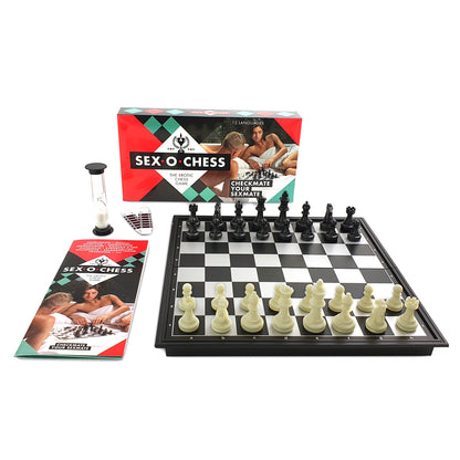 Erotic chess game set with board, pieces, timer, rules, and box. Checkmate your sexmate!
