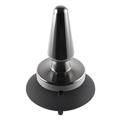 Shiny chrome metal anal plug with a black base.