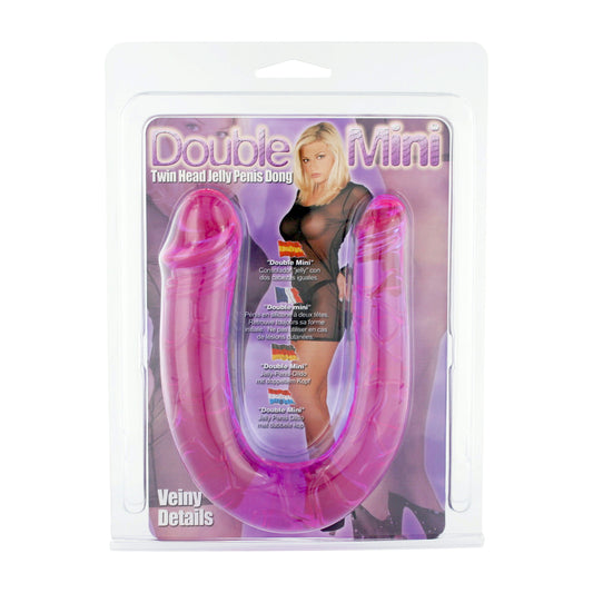 Double Mini, twin-headed jelly dildo in packaging. Veiny details add cheeky texture.