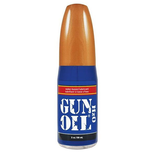 Gun Oil H20: Water-based lube for slippery fun. Blue bottle, bronze cap.