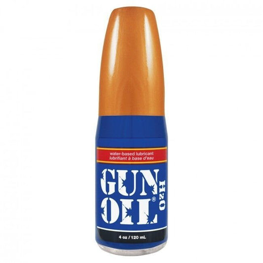 Gun Oil H20 water-based lubricant in a blue and copper bottle.