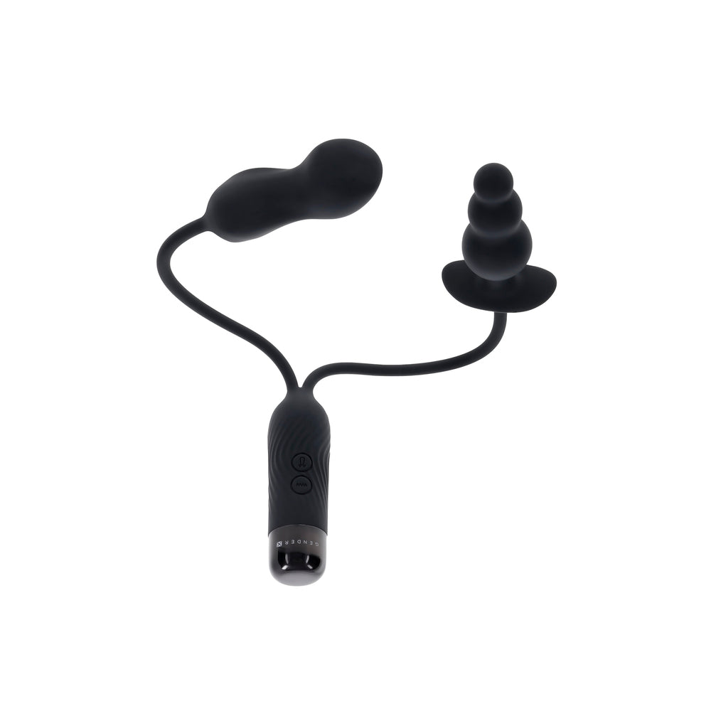 Black pleasure product with dual stimulators for double the fun.
