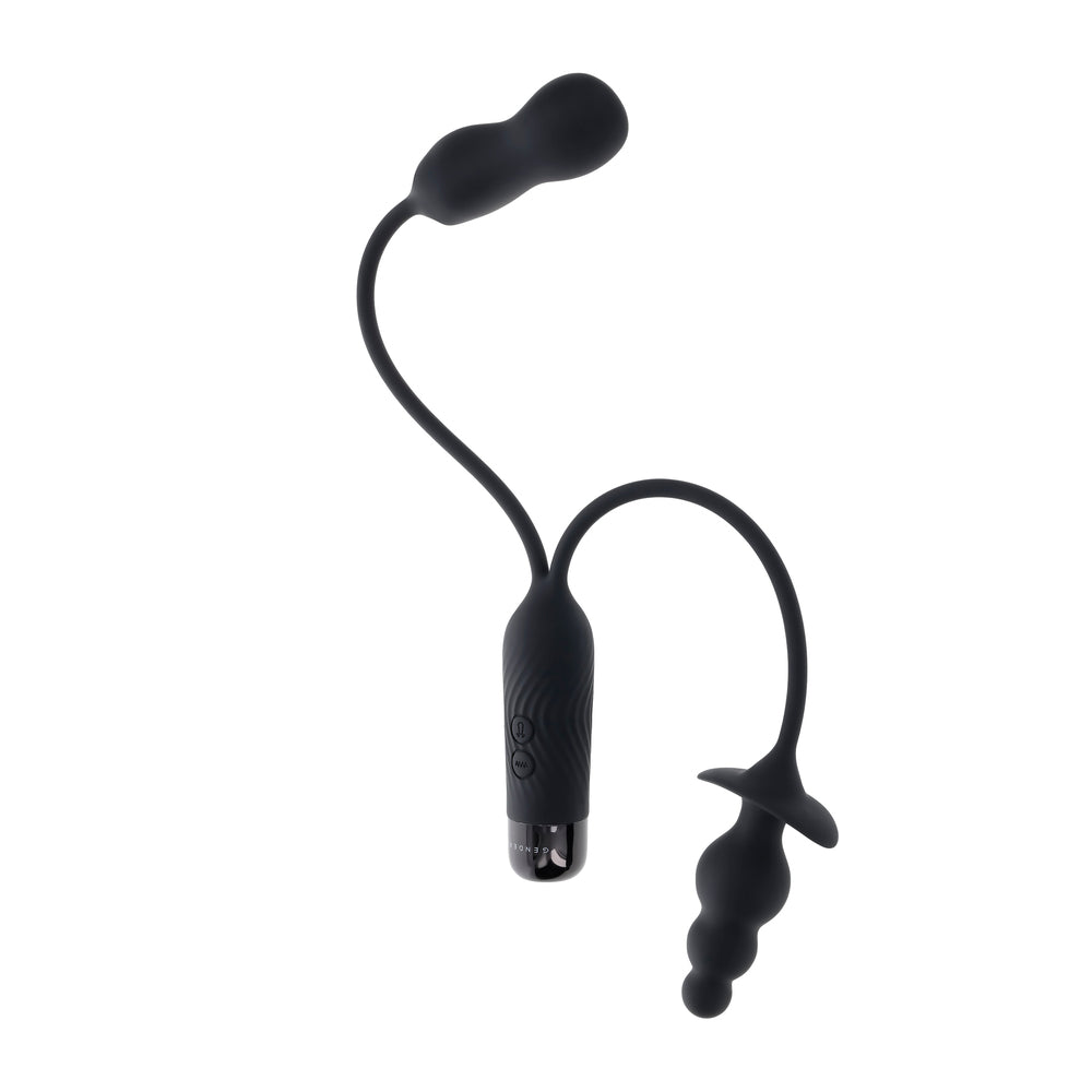 Black, rechargeable, dual stimulator with clitoral and anal beads.
