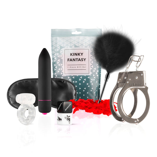 Loveboxxx Kinky Fantasy gift set with vibrator, blindfold, fluff, dice and handcuffs.