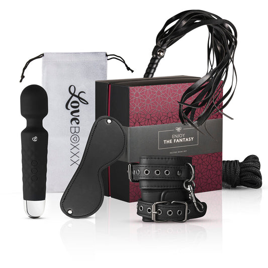 Loveboxxx BDSM box, with vibrator, mask, cuffs, whip, and restraints.