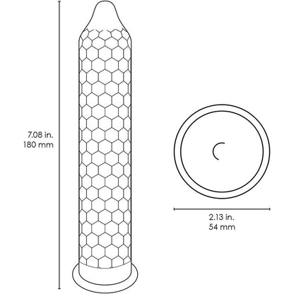 Technical drawing of Lelo Hex condom, showing length and diameter.