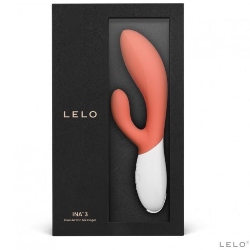 Lelo Ina 3 dual-action massager in its sleek black packaging, showcasing its coral and white design.