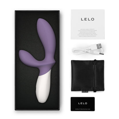 Lelo Loki Wave 2 prostate massager in violet dust, with charger, manual, pouch and warranty card.
