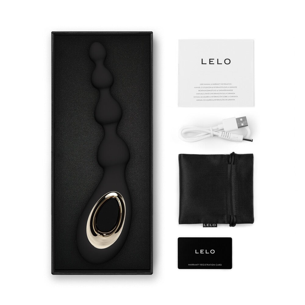 Lelo Soraya Wave anal beads vibrator in black with accessories and box, offering pleasure and exploration.
