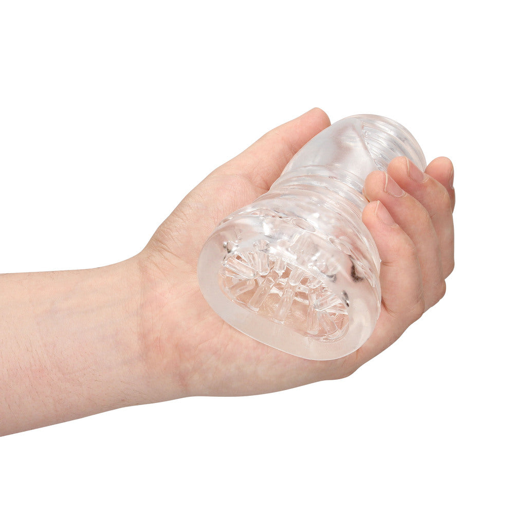 Clear pleasure toy in hand. Explore new sensations and a stormy forecast with this adult toy.