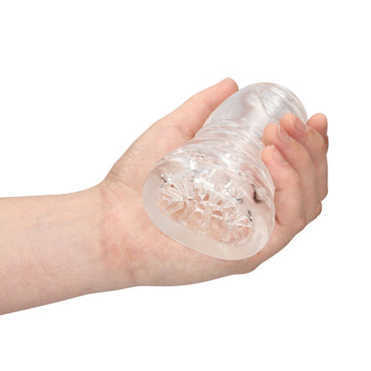 Clear pleasure toy in hand. Explore new sensations and a stormy forecast with this adult toy.