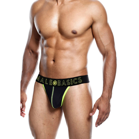 Male Basics neon yellow thong on a toned male torso.