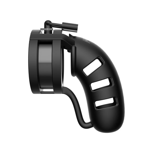 Black, 4.5 inch male chastity cage from Shots Toys.