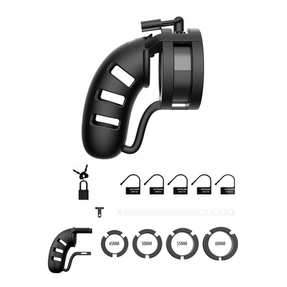 Black chastity cage with accessories and sizing rings