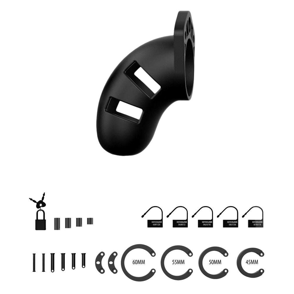 Black silicone male chastity cage with accessory rings and locks.