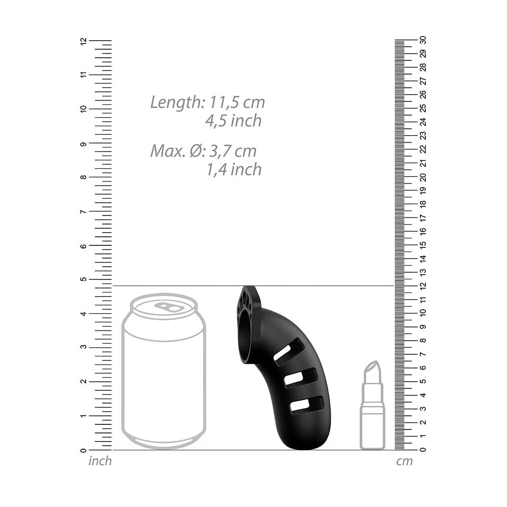 Man Cage 21, a 4.5 inch black silicone chastity cage from Shots Toys, displayed with measurements for confident fitting.